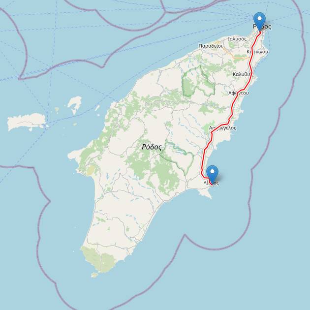 Map showing the driving route from Rhodes Town to Lindos, Rhodes, Greece. This scenic coastal road passes through popular beaches and villages, offering a beautiful journey across the island.